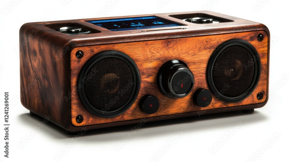 Fototapeta premium Vintage wooden radio with modern features, showcasing intricate design and functionality