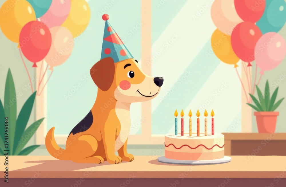 Obraz premium Dog in party hat sits at table with cake. Pet birthday.