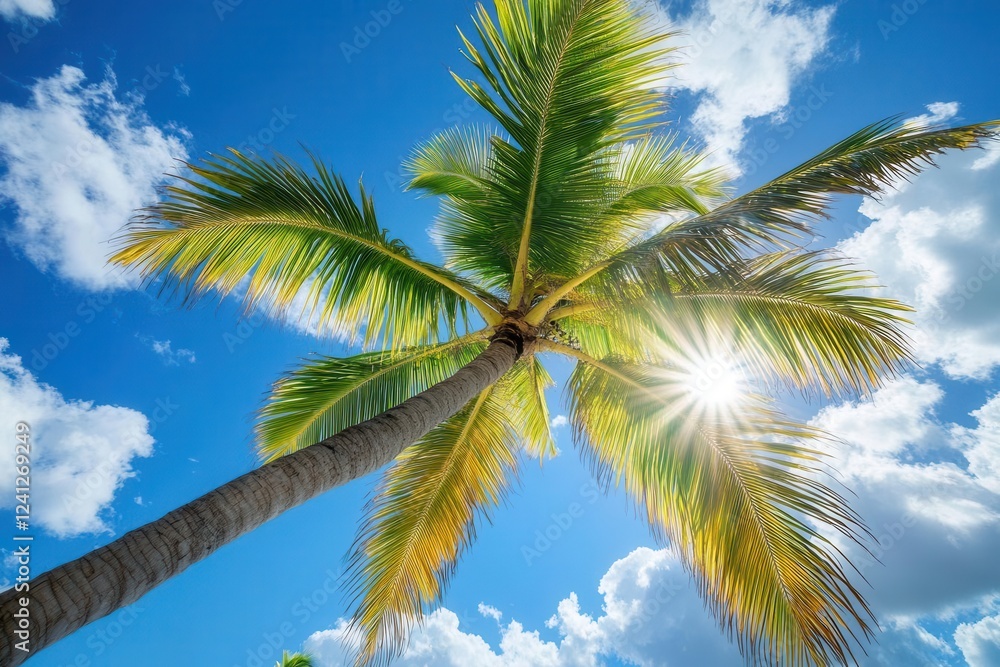 tropical palm tree swaying against a vibrant blue sky, sunlight streaming through lush fronds, casting playful shadows on soft sand below, evoking a serene beach vibe tropical palm tree swaying against a vibrant blue sky, sunlight streaming through lush fronds, casting playful shadows on soft sand below, evoking a serene beach vibe