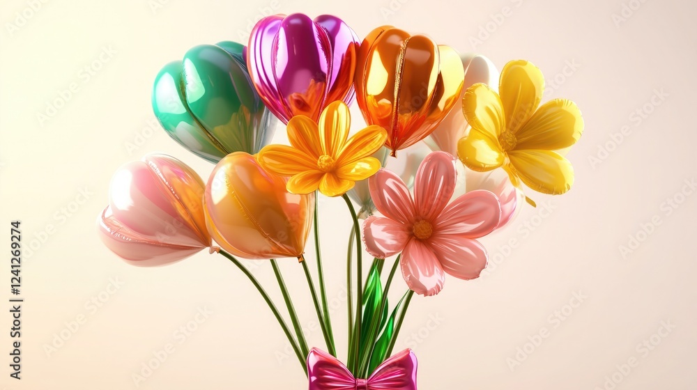 Colorful bouquet of balloon - flowers in various shapes and hues, tied with a shiny pink bow for festive celebrations. Colorful bouquet of balloon - flowers in various shapes and hues, tied with a shiny pink bow for festive celebrations.
