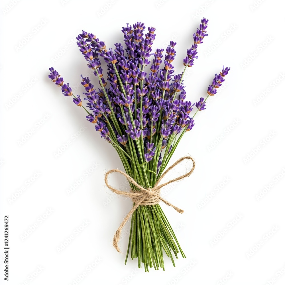 Fototapeta premium Fresh lavender bundle tied with twine isolated on white background calming and fragrant Mothers Day gift 