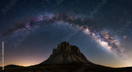 A lone mountain standing against a star-filled night sky, with the Milky Way glowing brightly above its rugged silhouette