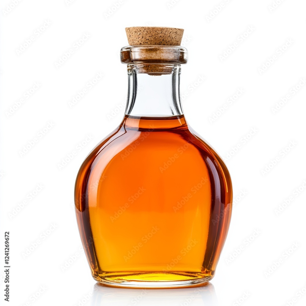 Glass bottle of pure amber maple syrup with a cork stopper isolated on white background rich and natural sweetness Glass bottle of pure amber maple syrup with a cork stopper isolated on white background rich and natural sweetness