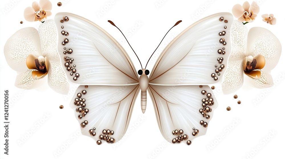 Fototapeta premium A beautifully detailed butterfly adorned with intricate patterns rests gracefully next to delicate white orchids, accompanied by soft, subtle decorative accents