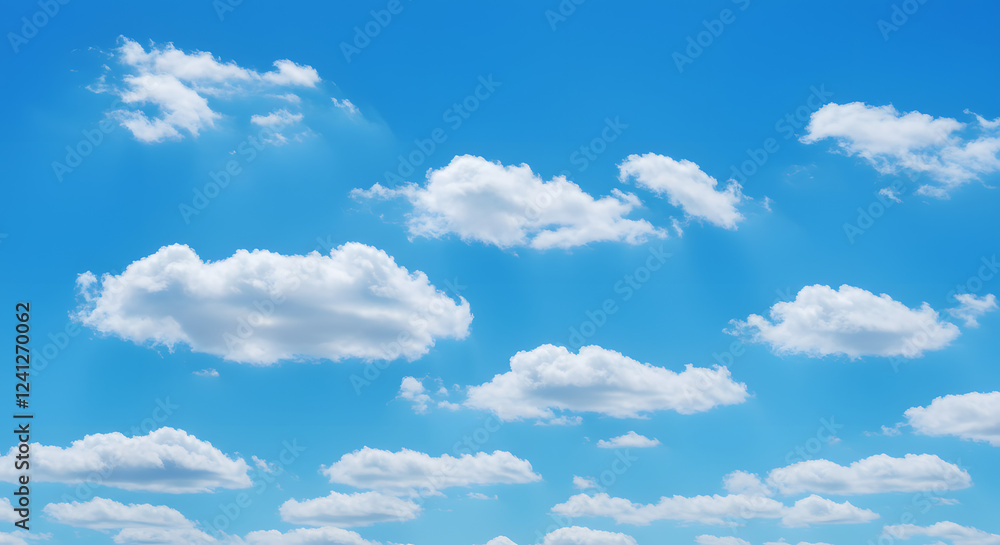 Bright blue sky with soft, fluffy cumulus clouds scattered evenly across the horizon Bright blue sky with soft, fluffy cumulus clouds scattered evenly across the horizon
