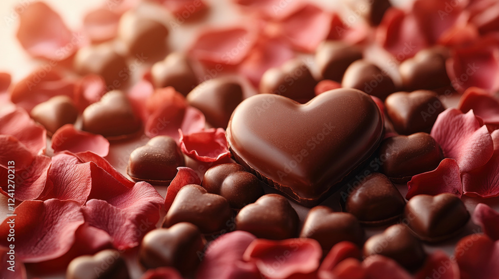 Obraz premium Heart shaped chocolate pieces with scattered rose petals. Romantic concept perfect Valentine's Day