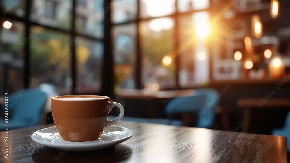 Morning coffee cafe and shop. A warm cup of coffee on a wooden table with sunlight streaming through a cozy café window. Morning coffee cafe and shop. A warm cup of coffee on a wooden table with sunlight streaming through a cozy café window.
