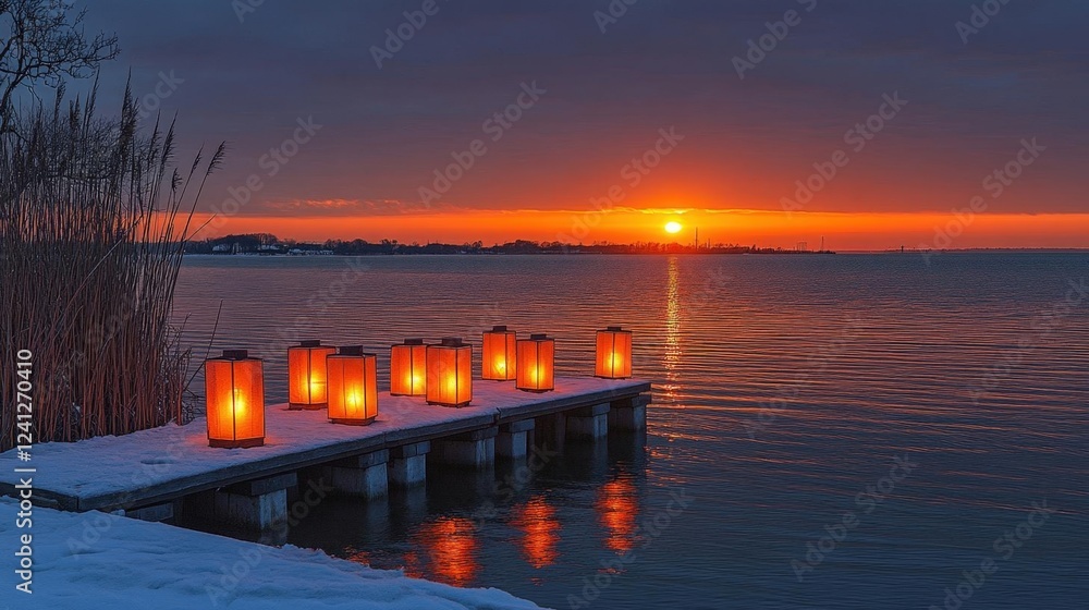Fototapeta premium Winter Sunset over Calm Lake with Glowing Candles on Pier