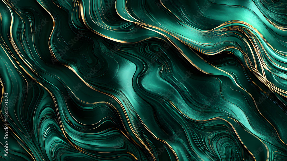 Obraz premium A striking emerald green design featuring flowing lines, rich textures, and intricate metallic patterns, ideal for luxury branding and high-end product visuals.