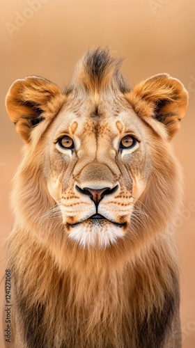 Majestic lion portrait showcasing strong features and captivating gaze in a natural golden environment photo