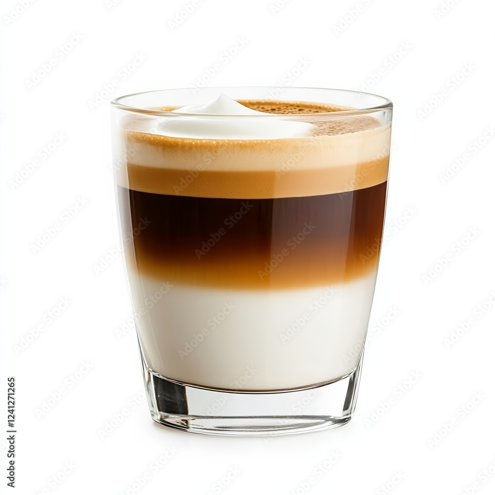 Macchiato served in a glass cup with a layer of espresso and a dollop of frothed milk isolated on white background Macchiato served in a glass cup with a layer of espresso and a dollop of frothed milk isolated on white background