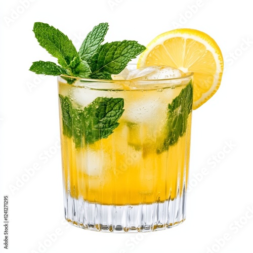 Mastiha cocktail with mastiha liqueur lemon juice and mint leaves garnished with a lemon twist isolated on white background herbal Greek specialty 
