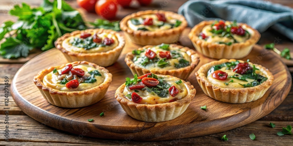 Assorted mini quiches filled with spinach feta cheese and sun-dried tomatoes on a rustic wooden platter, breakfast snacks, quiche filling types Assorted mini quiches filled with spinach feta cheese and sun-dried tomatoes on a rustic wooden platter, breakfast snacks, quiche filling types