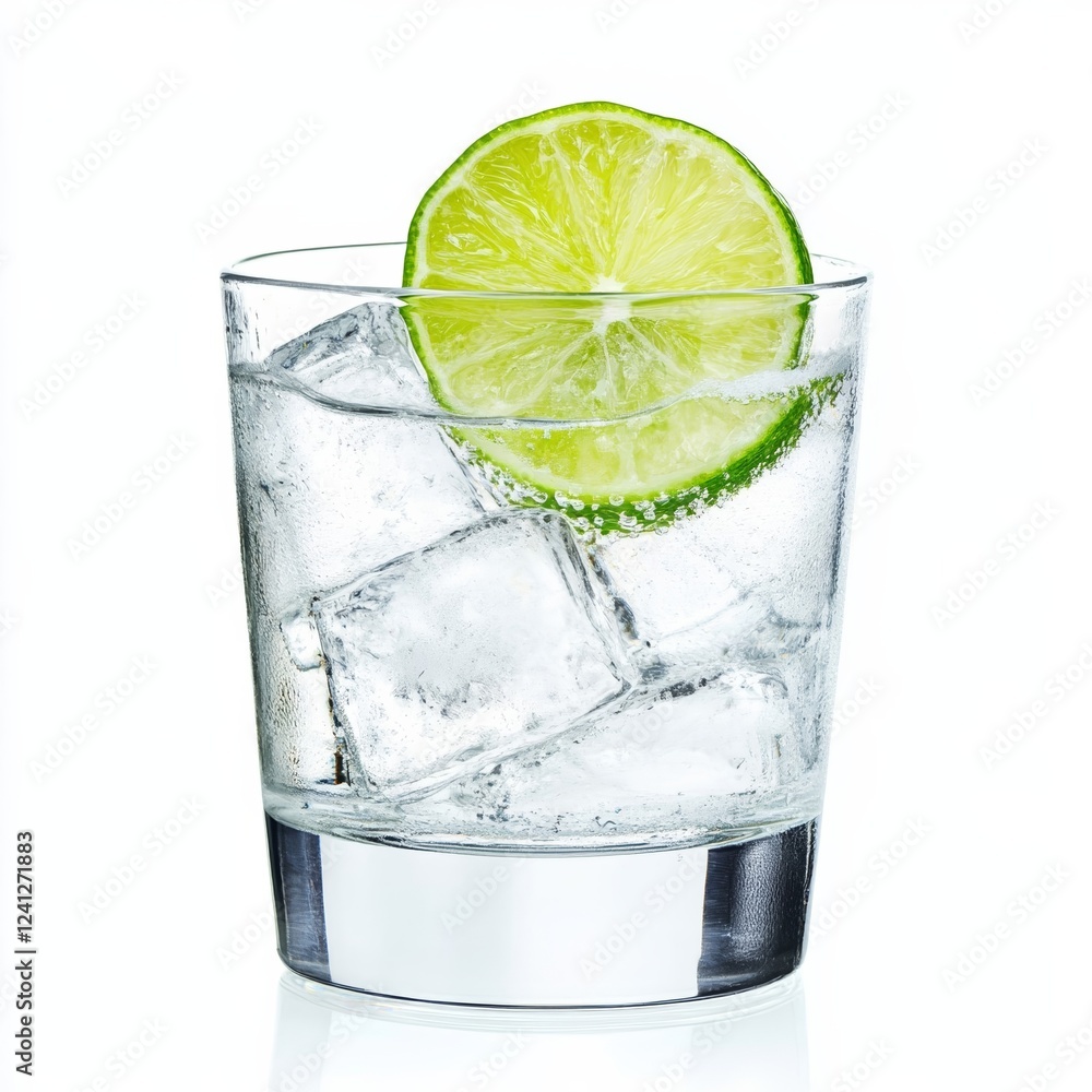 Port and tonic cocktail in a glass with white port tonic water ice cubes and a lime wedge garnish isolated on white background classic Portuguese refreshment 