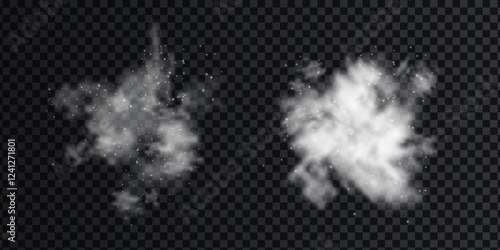 Fog or smoke set isolated on black background. White cloudiness, mist or smog background.