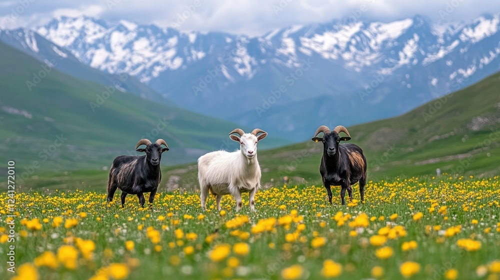 Naklejka premium Three sheep grazing in a vibrant meadow surrounded by majestic mountains under a cloudy sky in spring