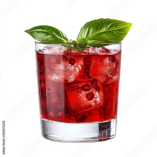 Sifnos breeze with Metaxa brandy pomegranate juice and basil leaves isolated on white background fruity Greek summer cocktail  photo