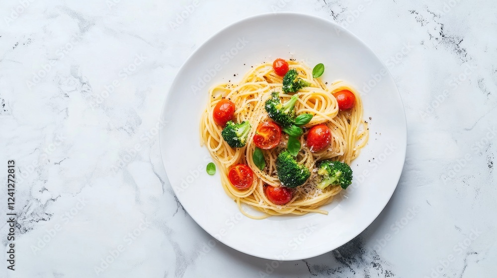 Overhead shot of spaghetti with roasted tomatoes, broccoli, and fresh herbs on a pristine white porcelain plate. Overhead shot of spaghetti with roasted tomatoes, broccoli, and fresh herbs on a pristine white porcelain plate.