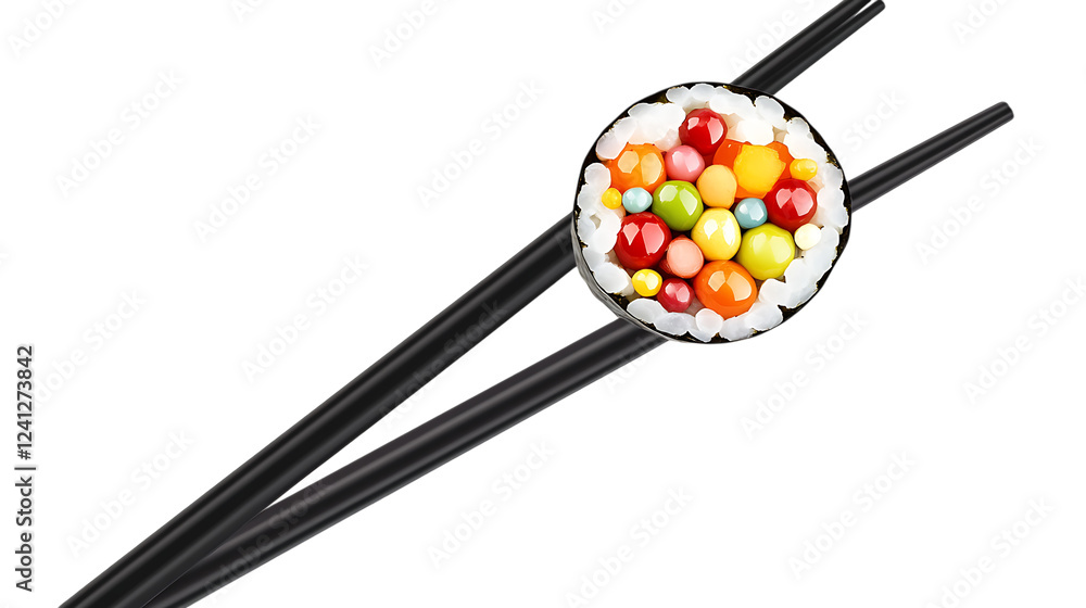 A pair of black chopsticks holding a sushi roll filled with colorful fish eggs. The sushi is neatly wrapped in seaweed. A pair of black chopsticks holding a sushi roll filled with colorful fish eggs. The sushi is neatly wrapped in seaweed.
