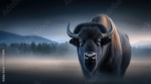 Majestic bison stands alone in a misty landscape at dawn, showcasing its powerful presence against a backdrop of mountains and forests