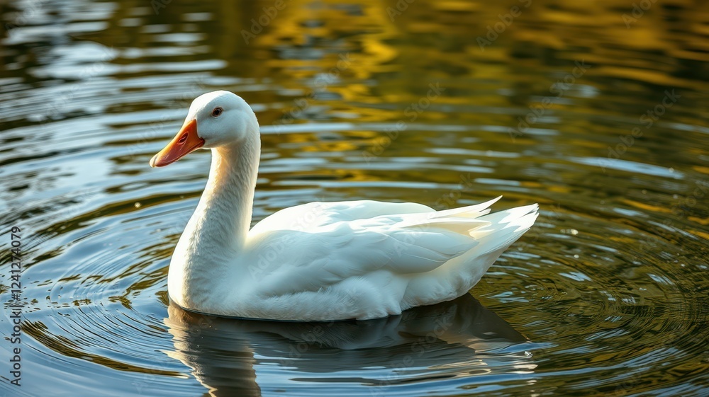 White duck swims gracefully on a serene lake surrounded by golden reflections during a sunny afternoon White duck swims gracefully on a serene lake surrounded by golden reflections during a sunny afternoon