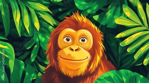 A friendly cartoon orangutan surrounded by vibrant green leaves. photo