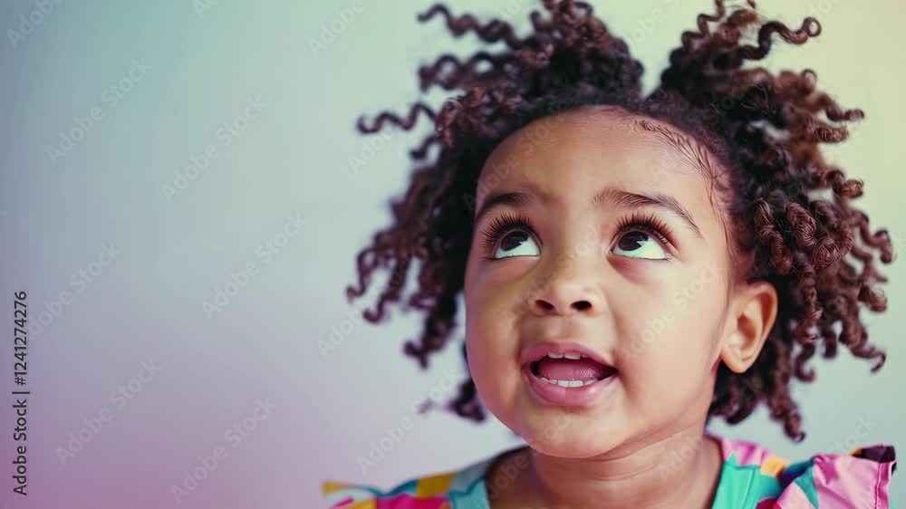 cute little girl looking above. Concept of curious ,imiginative, new idea, solution from young and smart kids. Pastel color background cute little girl looking above. Concept of curious ,imiginative, new idea, solution from young and smart kids. Pastel color background