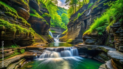 Watkins Glen State Park Waterfall Gorge: Stunning High-Resolution Stock Photo of Cascading Water