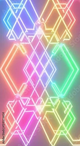 Animated geometric outlines in pastel neon hues, forming smooth symmetrical patterns.
