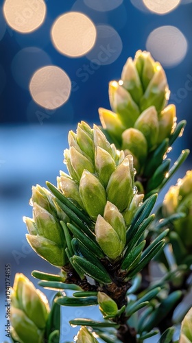 Wallpaper Mural Close-up view of new pine buds glistening in sunlight with blurred background bokeh on a calm morning in a natural setting Torontodigital.ca