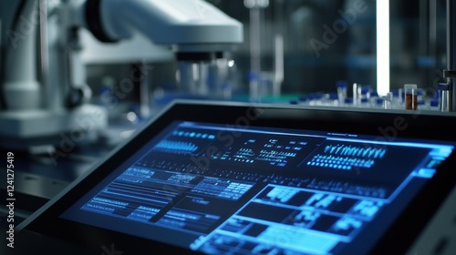 Wallpaper Mural A medium closeup of a touchscreen interface displaying a digital compound library management system. The robotic unit looms in the background highlighting the interaction between human Torontodigital.ca