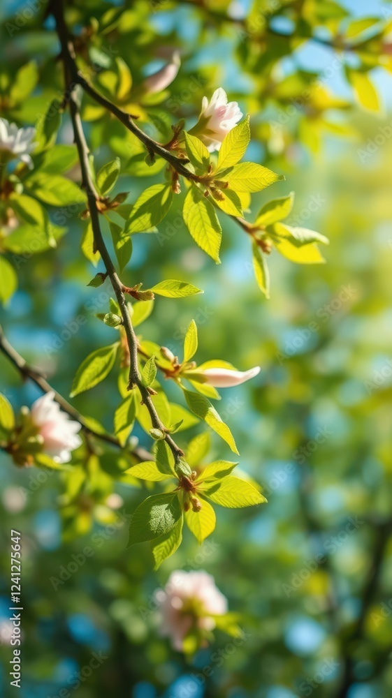 Bright green leaves and delicate blossoms in a sunlit garden during spring in a tranquil setting Bright green leaves and delicate blossoms in a sunlit garden during spring in a tranquil setting