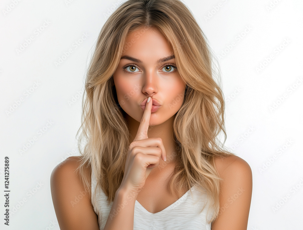 Blonde woman gesturing silence with finger to lips, beautiful model with long wavy hair, secret, hush, quiet, mystery, confidential Blonde woman gesturing silence with finger to lips, beautiful model with long wavy hair, secret, hush, quiet, mystery, confidential