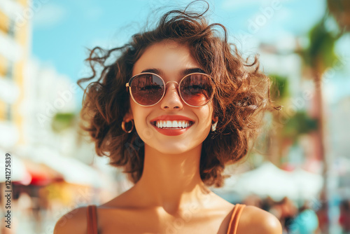 Young woman smiles brightly outdoors in a vibrant summer setting with sunglasses and curly hair