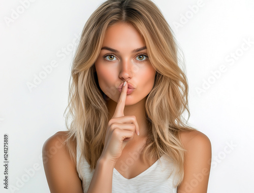 Blonde woman gesturing silence with finger to lips,  beautiful model with long wavy hair, secret, hush, quiet, mystery, confidential 