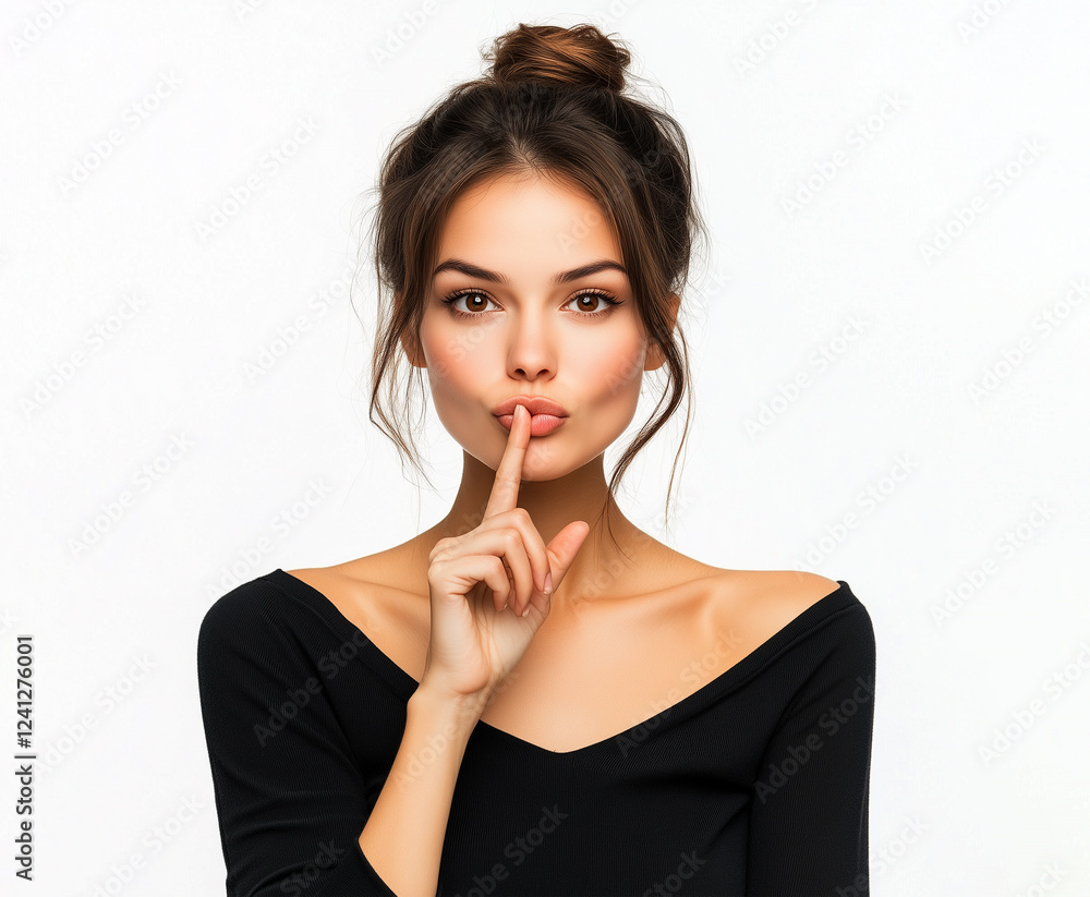 Beautiful young woman with her finger to her lips, a mysterious and captivating expression, showcasing a stylish bun hairstyle with a hint of shhh, inviting viewers to uncover the secret, beauty. Beautiful young woman with her finger to her lips, a mysterious and captivating expression, showcasing a stylish bun hairstyle with a hint of shhh, inviting viewers to uncover the secret, beauty.