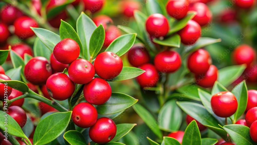 Close-up detailed image of Ruscus aculeatus sprouts with vibrant red berries, showcasing their texture and color variations, foliage, ruscus aculeatus