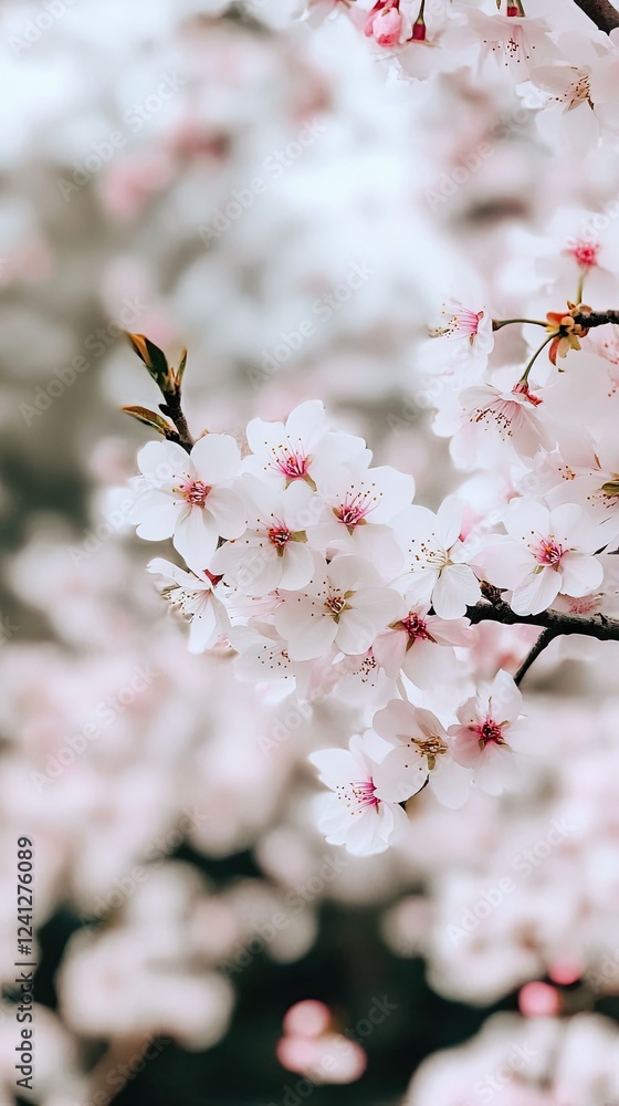 Cherry blossoms in full bloom create a stunning display of delicate pink and white petals against a blurred background in springtime Cherry blossoms in full bloom create a stunning display of delicate pink and white petals against a blurred background in springtime