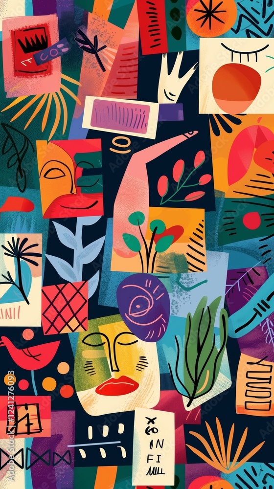 vibrant colorful illustration abstract shapes symbols objects patterns geometric forms flowers leaves vibrant colorful illustration abstract shapes symbols objects patterns geometric forms flowers leaves
