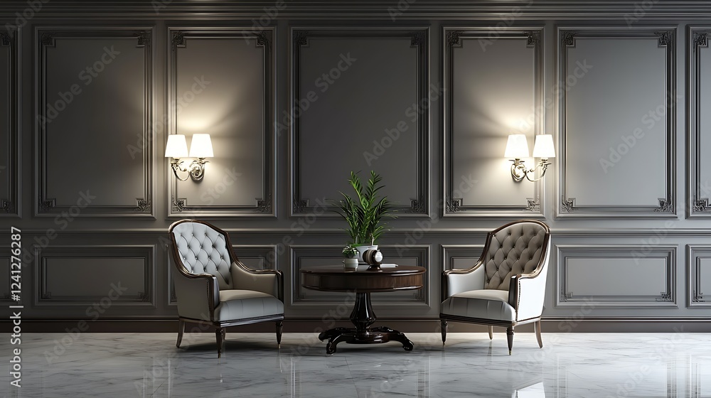 Fototapeta premium modern living room with table 3d render. Luxury Workroom with Comfortable Seating. Monochrome Aesthetic Office Interior Design