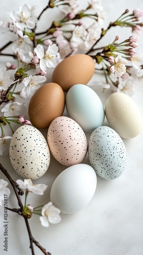 Beautiful collection of pastel and speckled eggs arranged among delicate cherry blossom branches on a soft white background during springtime Beautiful collection of pastel and speckled eggs arranged among delicate cherry blossom branches on a soft white background during springtime