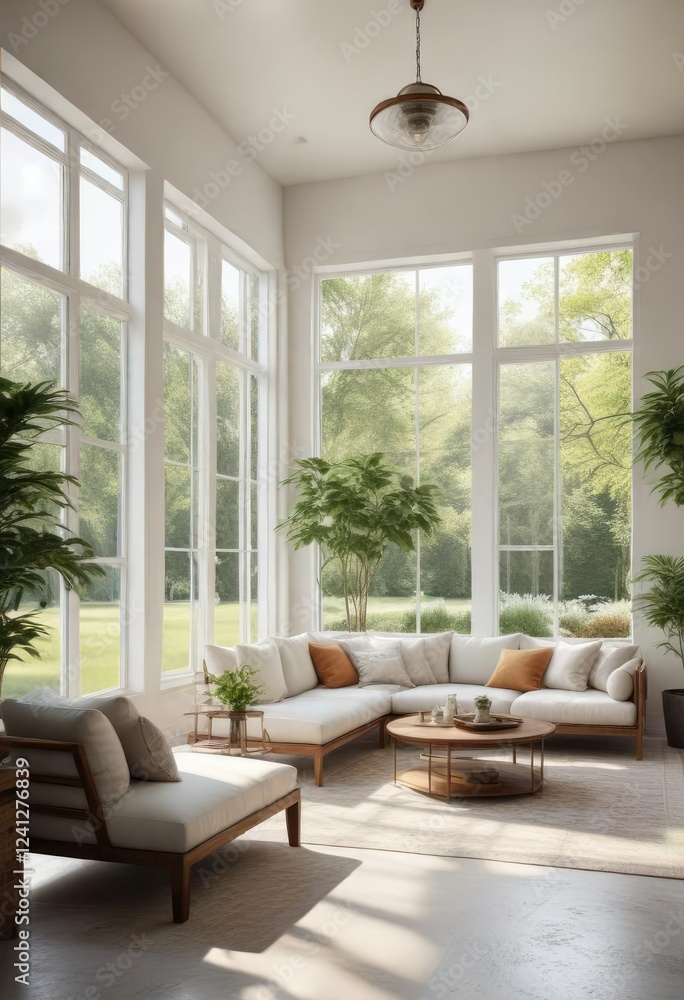 Bright and airy sunroom with floor-to-ceiling windows and cozy seating, bright, house, modern Bright and airy sunroom with floor-to-ceiling windows and cozy seating, bright, house, modern