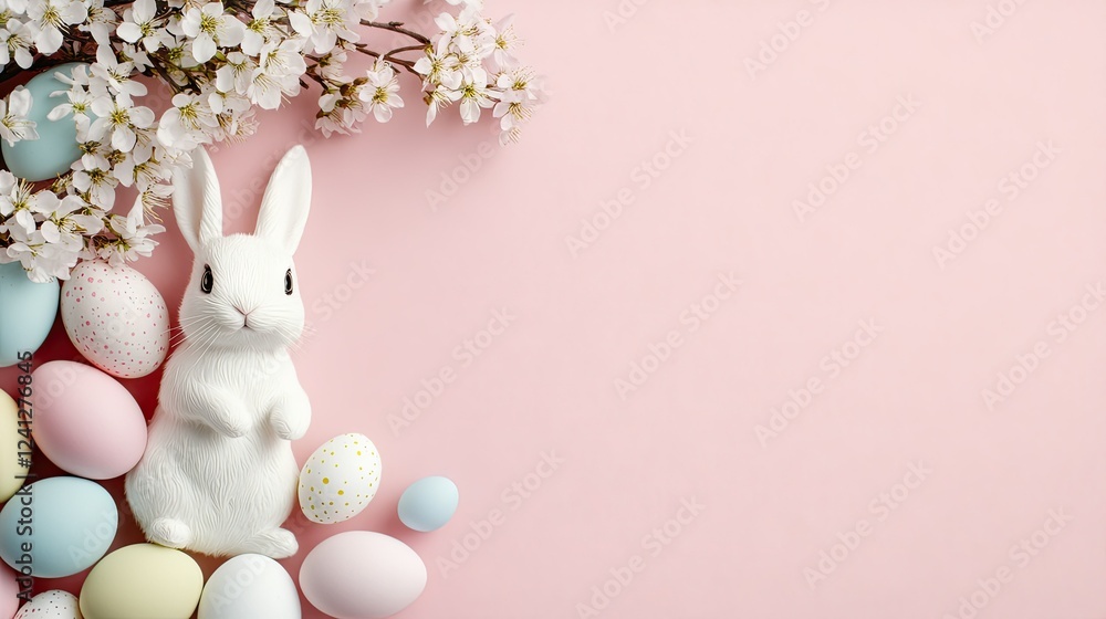 Obraz premium Spring celebration features a charming white bunny among colorful eggs and blossoming flowers on a pastel background