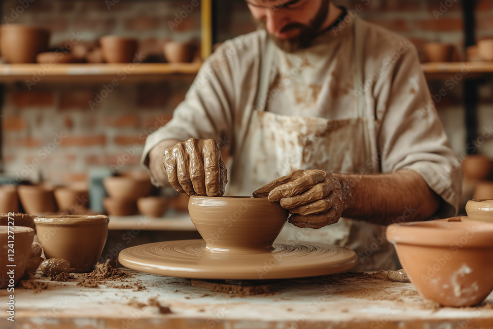 Potter shaping a clay bowl on the wheel in a rustic studio during daylight hours