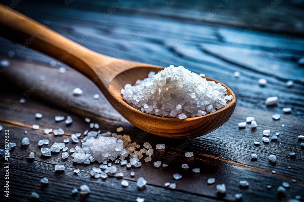 Wooden Spoon of Sea Salt, Moody Low Light Photography Wooden Spoon of Sea Salt, Moody Low Light Photography