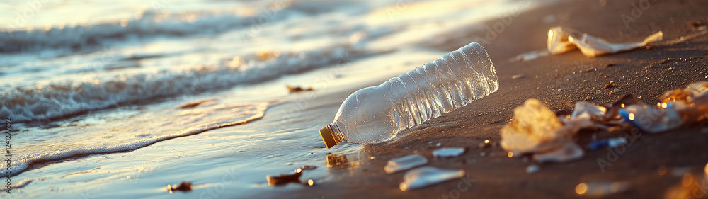 plastic bottles on the beach, symbolising pollution and marine pollution, created with generative AI technology plastic bottles on the beach, symbolising pollution and marine pollution, created with generative AI technology