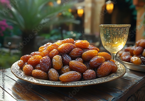 Decorative Platter of Dates and Traditional Glass Against Lush Garden Backdrop

