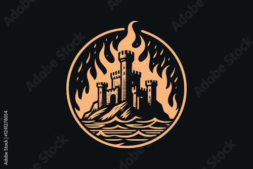 Vintage icon of an ancient castle on fire, white on black style