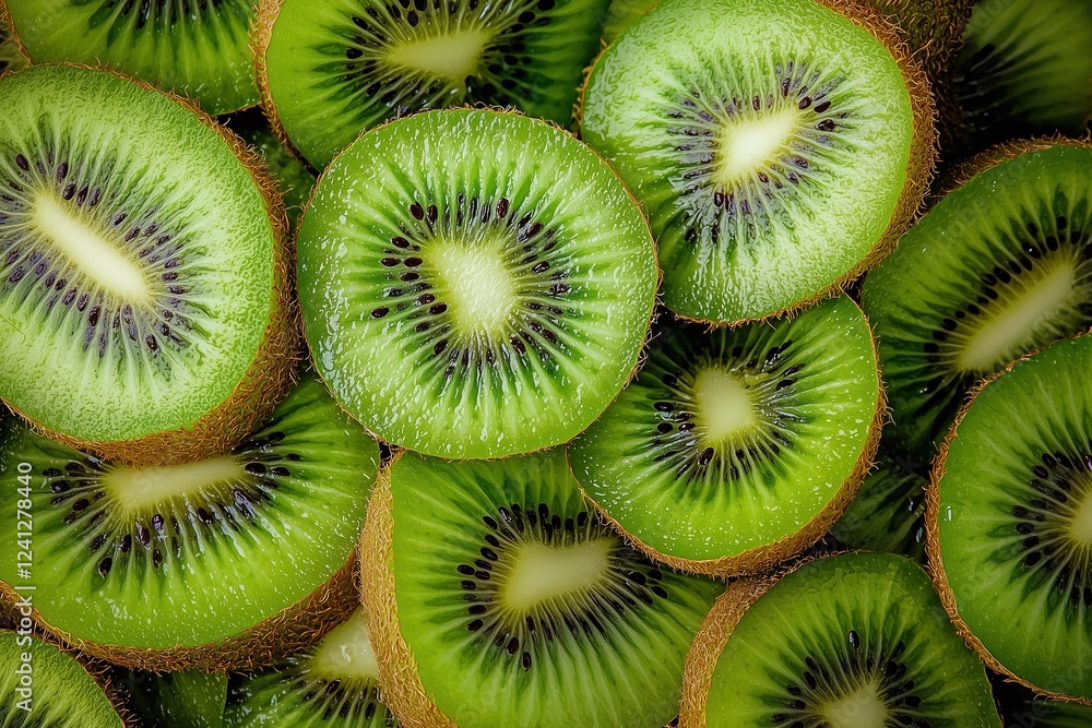 Close-up of fresh kiwi fruit slices, showcasing their vibrant green color and unique shape. A healthy and refreshing food concept highlighting the natural beauty and nutritious appeal of kiwi fruits Close-up of fresh kiwi fruit slices, showcasing their vibrant green color and unique shape. A healthy and refreshing food concept highlighting the natural beauty and nutritious appeal of kiwi fruits