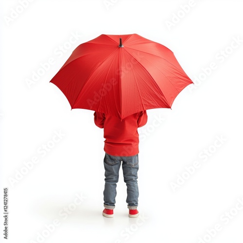 Insurance provides child assurance. Child holding a large red umbrella, viewed from the back against a white background.